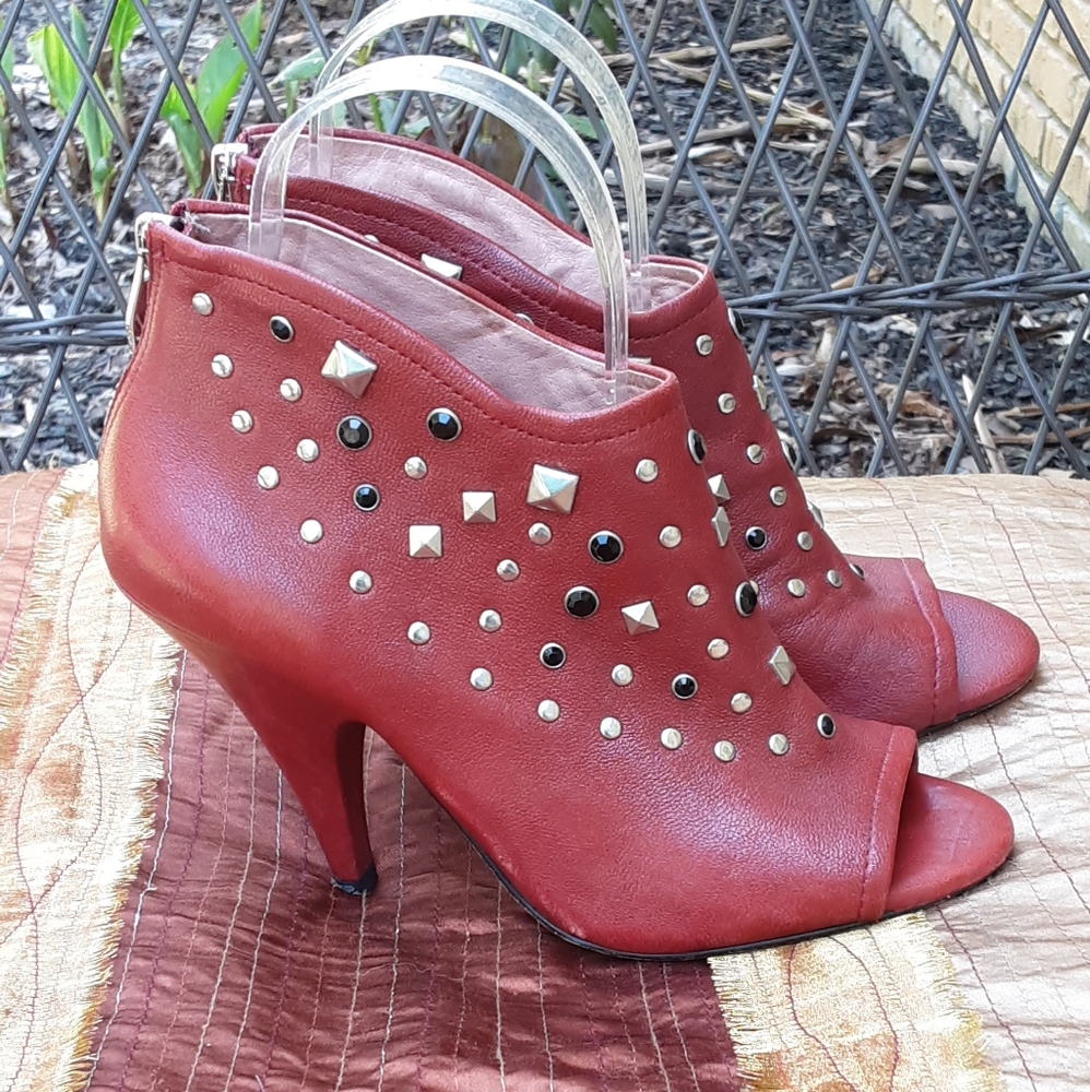 Vince Camuto Annan Persian Red Aviator Leather Studded Peep Toe Booties